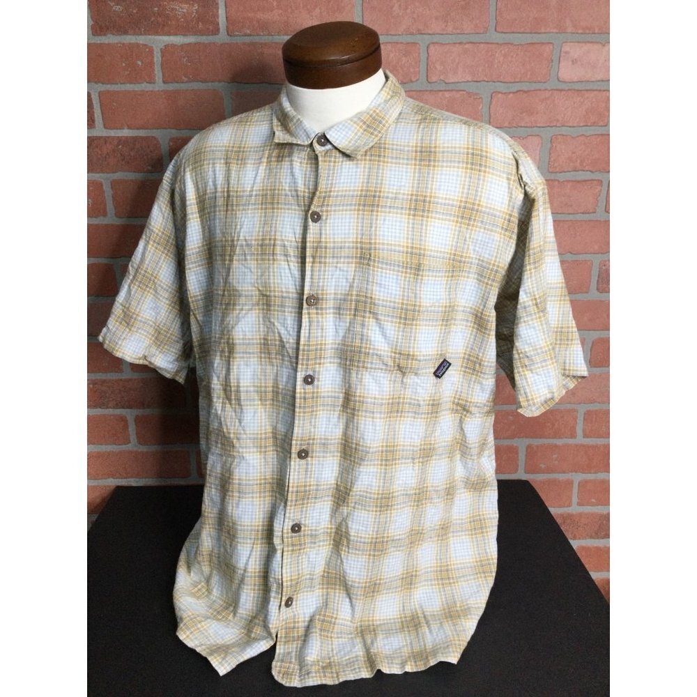 Patagonia Mens Organic Cotton Button Up Short Sleeve Shirt Plaid Tan White XL